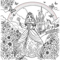 A beautiful and whimsical coloring book page featuring a princess in an enchanting fairy tale setting