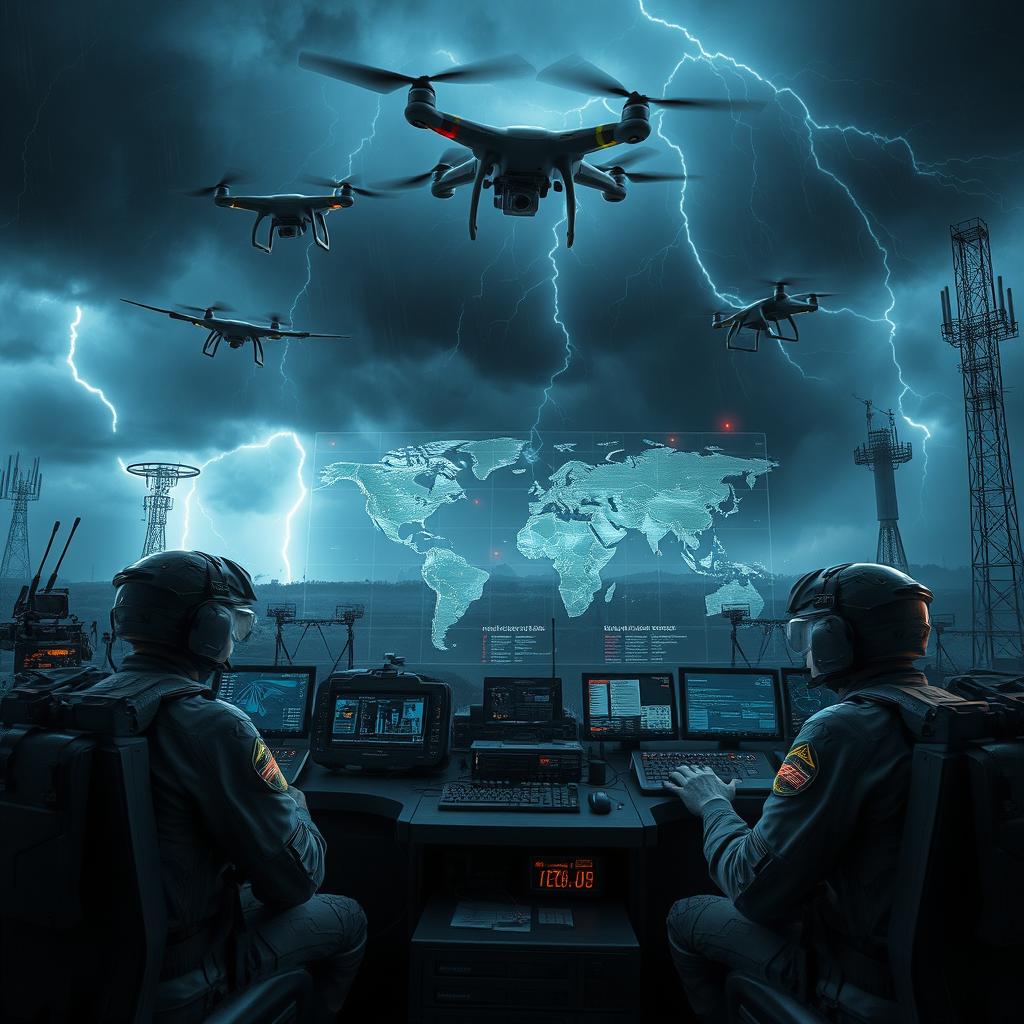 A high-tech military battlefield scene illustrating electronic warfare