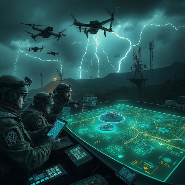 A high-tech military battlefield scene illustrating electronic warfare