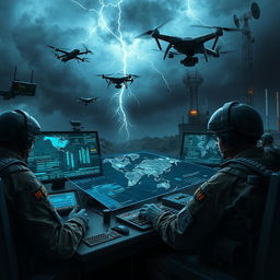 A high-tech military battlefield scene illustrating electronic warfare