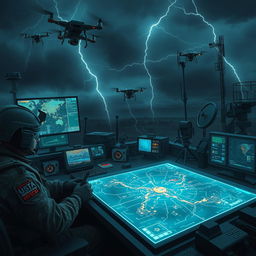 A high-tech military battlefield scene illustrating electronic warfare