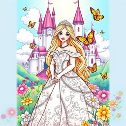 A beautiful princess in an enchanting fairytale setting, wearing an elegant gown adorned with intricate patterns, surrounded by colorful flowers and butterflies