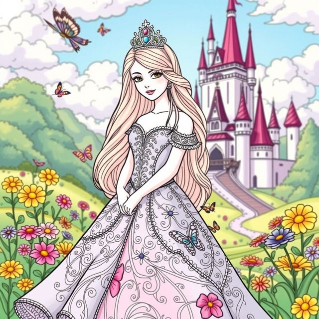 A beautiful princess in an enchanting fairytale setting, wearing an elegant gown adorned with intricate patterns, surrounded by colorful flowers and butterflies