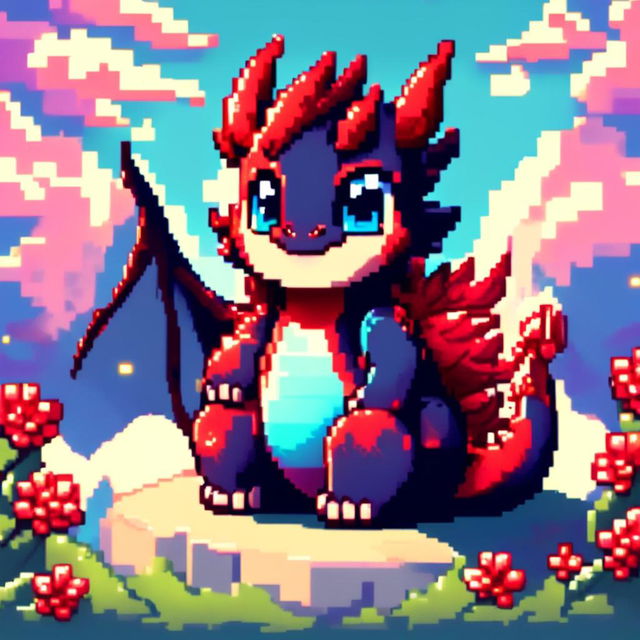 Pixel art profile picture featuring an adorable, chubby dragon with ruby red scales and sparkling blue eyes against a sky blue background