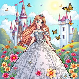A beautiful princess in an enchanting fairytale setting, wearing an elegant gown adorned with intricate patterns, surrounded by colorful flowers and butterflies