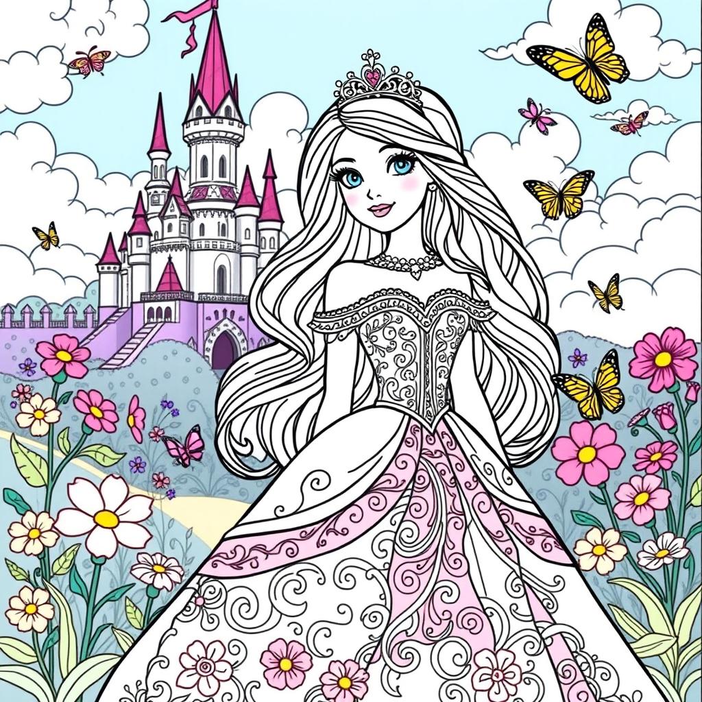 A beautiful princess in an enchanting fairytale setting, wearing an elegant gown adorned with intricate patterns, surrounded by colorful flowers and butterflies