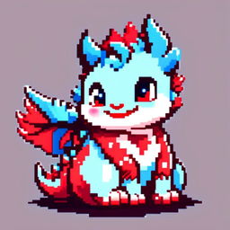 Pixel art profile picture featuring an adorable, chubby dragon with ruby red scales and sparkling blue eyes against a sky blue background