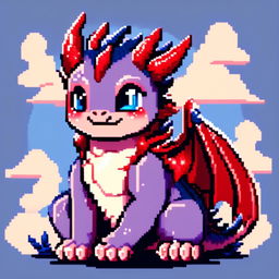 Pixel art profile picture featuring an adorable, chubby dragon with ruby red scales and sparkling blue eyes against a sky blue background