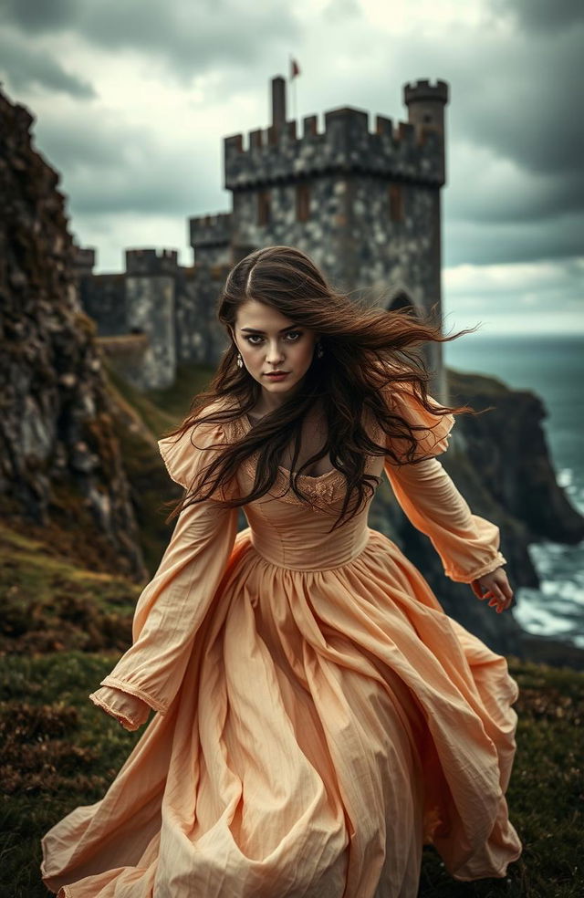 A historical romance scene set in 17th century Northern Ireland, featuring a woman with long flowing brown hair in a beautiful, elegant gown, fleeing from the majestic Dunluce Castle