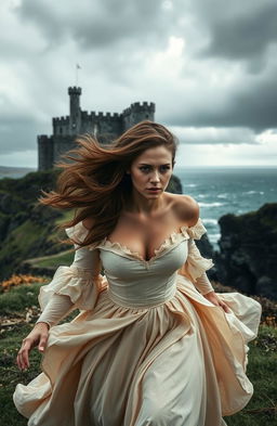 A historical romance scene set in 17th century Northern Ireland, featuring a woman with long flowing brown hair in a beautiful, elegant gown, fleeing from the majestic Dunluce Castle