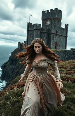 A historical romance scene set in 17th century Northern Ireland, featuring a woman with long flowing brown hair in a beautiful, elegant gown, fleeing from the majestic Dunluce Castle