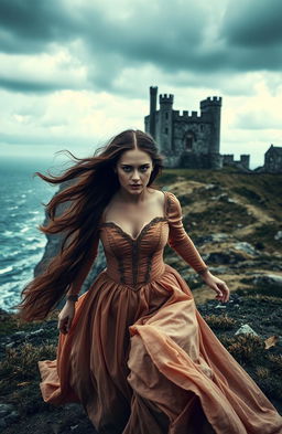 A historical romance scene set in 17th century Northern Ireland, featuring a woman with long flowing brown hair in a beautiful, elegant gown, fleeing from the majestic Dunluce Castle
