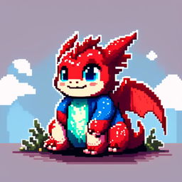 Pixel art profile picture featuring an adorable, chubby dragon with ruby red scales and sparkling blue eyes against a sky blue background