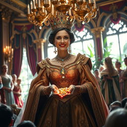 A majestic queen adorned in a luxurious gown made of rich fabrics, radiating generosity and grace