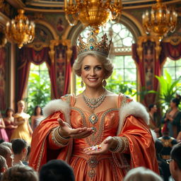 A majestic queen adorned in a luxurious gown made of rich fabrics, radiating generosity and grace