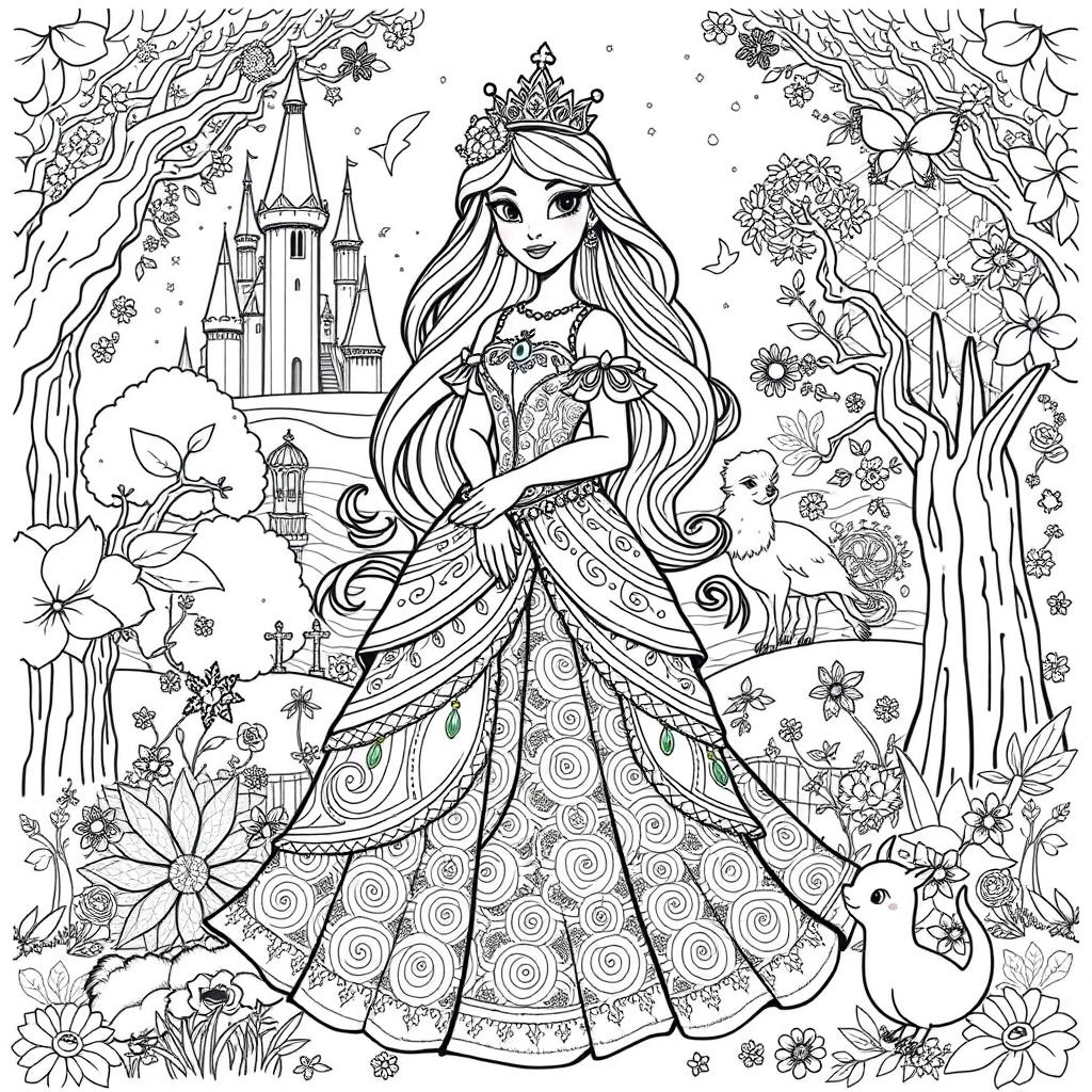 A beautiful black and white coloring page of a princess