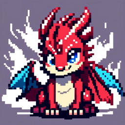 Pixel art profile picture featuring a fierce, adorable dragon with ruby red scales, sharp claws, and sparkling blue eyes against a stormy grey background