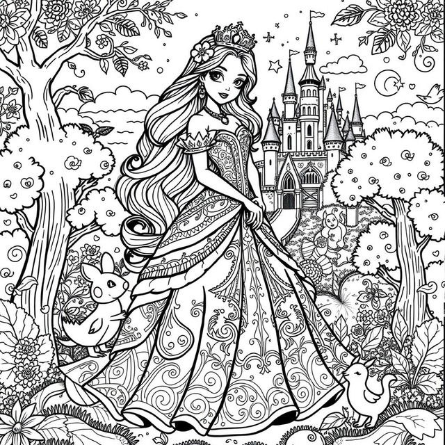 A beautiful black and white coloring page of a princess