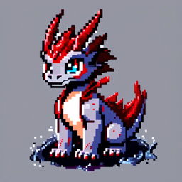 Pixel art profile picture featuring a fierce, adorable dragon with ruby red scales, sharp claws, and sparkling blue eyes against a stormy grey background