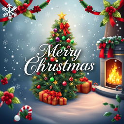 A festive Christmas greeting card design featuring the text 'Merry Christmas' in elegant, bold typography, surrounded by a vibrant holiday scene