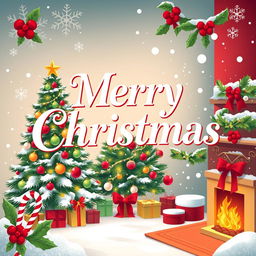A festive Christmas greeting card design featuring the text 'Merry Christmas' in elegant, bold typography, surrounded by a vibrant holiday scene
