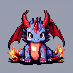 Pixel art profile picture featuring a fierce, adorable dragon with ruby red scales, sharp claws, and sparkling blue eyes against a stormy grey background