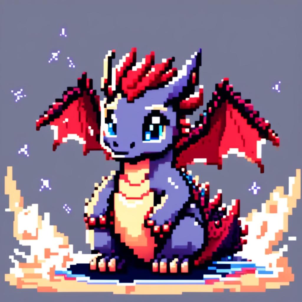 Pixel art profile picture featuring a fierce, adorable dragon with ruby red scales, sharp claws, and sparkling blue eyes against a stormy grey background