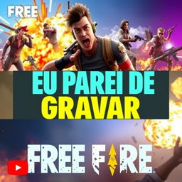 A vibrant and eye-catching YouTube thumbnail that features bold text overlay saying 'Eu Parei de Gravar Free Fire' in large, striking font