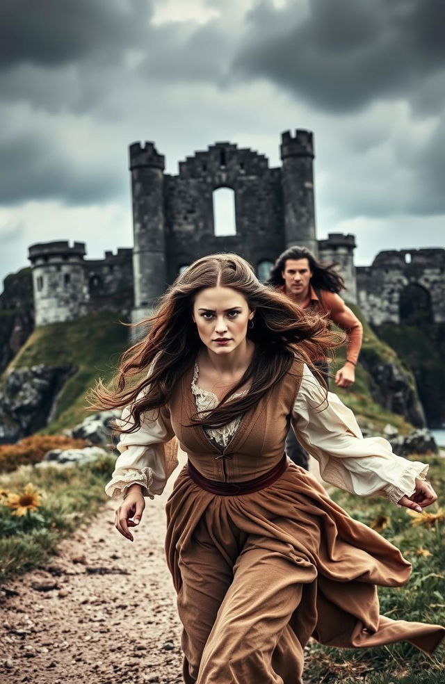 A historical romance scene set in 17th century Northern Ireland, depicting a woman with long, flowing brown hair, dressed in period-appropriate attire, running away from the majestic ruins of Dunluce Castle