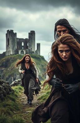 A historical romance scene set in 17th century Northern Ireland, depicting a woman with long, flowing brown hair, dressed in period-appropriate attire, running away from the majestic ruins of Dunluce Castle