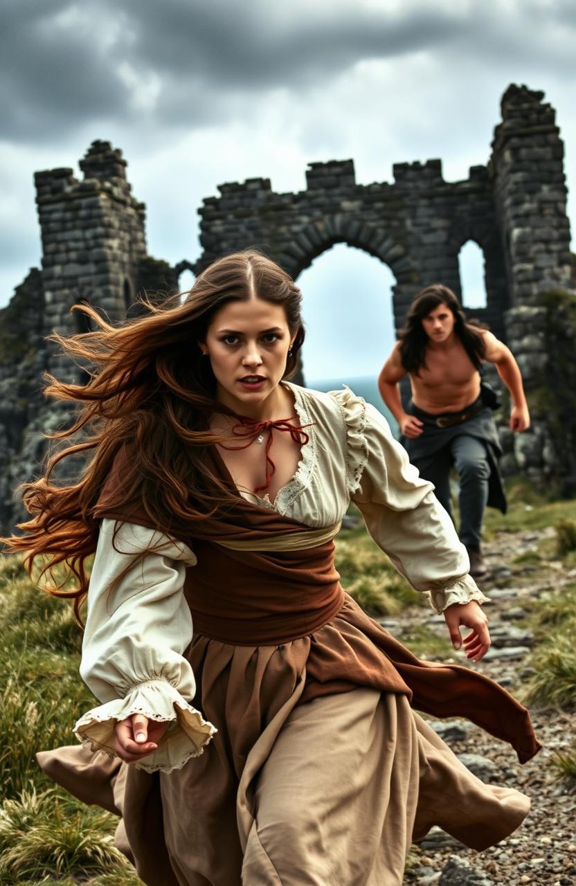 A historical romance scene set in 17th century Northern Ireland, depicting a woman with long, flowing brown hair, dressed in period-appropriate attire, running away from the majestic ruins of Dunluce Castle