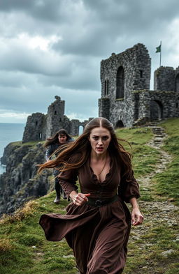 A historical romance scene set in 17th century Northern Ireland, depicting a woman with long, flowing brown hair, dressed in period-appropriate attire, running away from the majestic ruins of Dunluce Castle