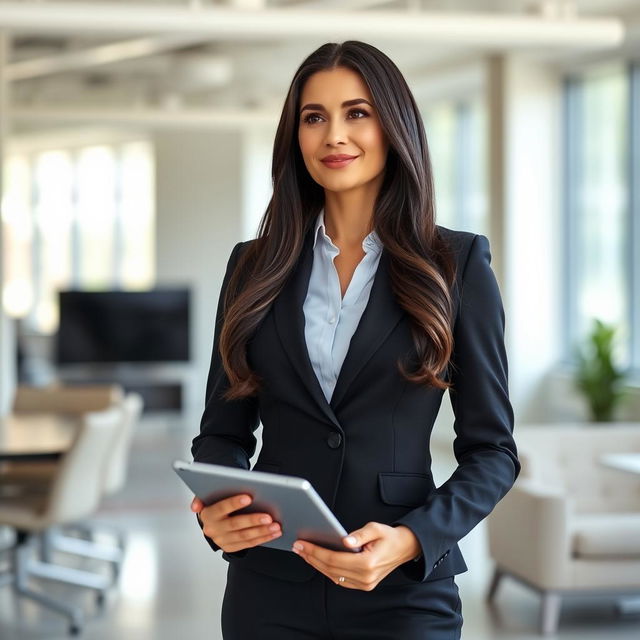 A portrait of a woman in her 30s, standing confidently in a modern office setting