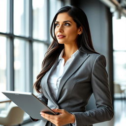 A portrait of a woman in her 30s, standing confidently in a modern office setting