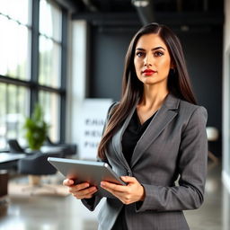 A portrait of a woman in her 30s, standing confidently in a modern office setting