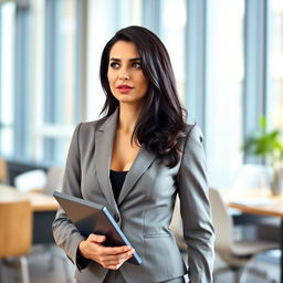 A portrait of a woman in her 30s, standing confidently in a modern office setting