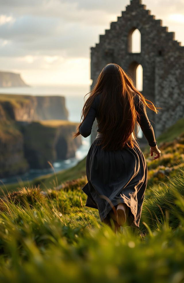 A scene set in 17th Century Northern Ireland, depicting a woman with long brown hair running away from the majestic ruins of Dunluce Castle