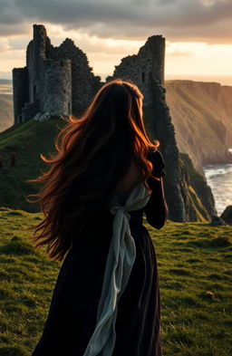 A scene set in 17th Century Northern Ireland, depicting a woman with long brown hair running away from the majestic ruins of Dunluce Castle