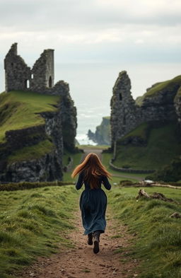 A scene set in 17th Century Northern Ireland, depicting a woman with long brown hair running away from the majestic ruins of Dunluce Castle
