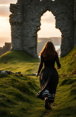 A scene set in 17th Century Northern Ireland, depicting a woman with long brown hair running away from the majestic ruins of Dunluce Castle