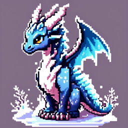 Pixel art profile picture featuring an ice dragon with shimmering blue scales against a frozen tundra background.