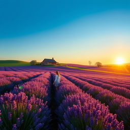 A serene and magical landscape featuring a vast bed of blooming lavender fields under a clear blue sky