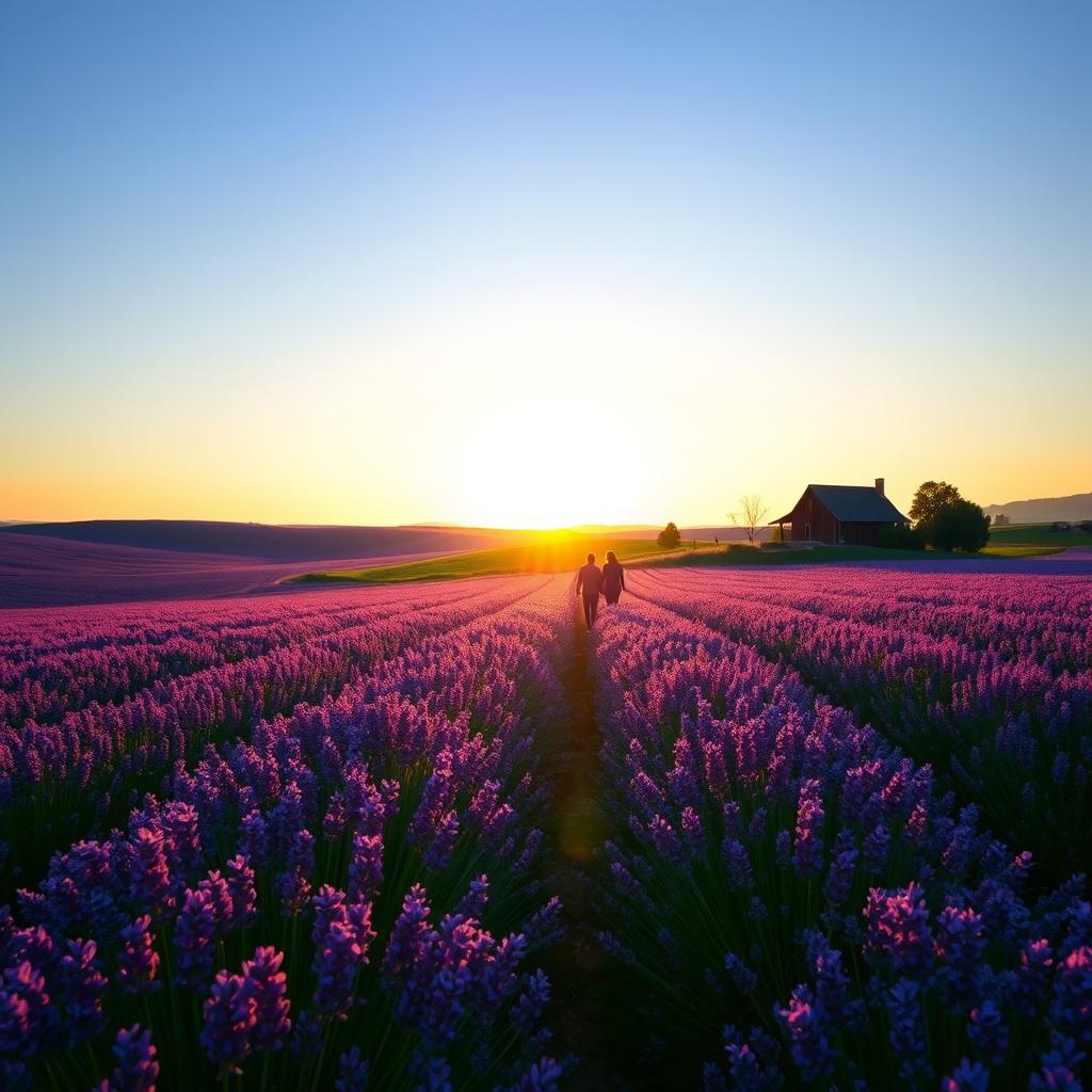 A serene and magical landscape featuring a vast bed of blooming lavender fields under a clear blue sky