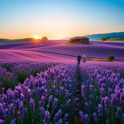 A serene and magical landscape featuring a vast bed of blooming lavender fields under a clear blue sky