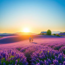 A serene and magical landscape featuring a vast bed of blooming lavender fields under a clear blue sky