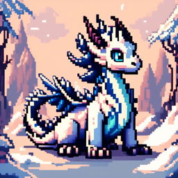 Pixel art profile picture featuring an ice dragon with shimmering blue scales against a frozen tundra background.