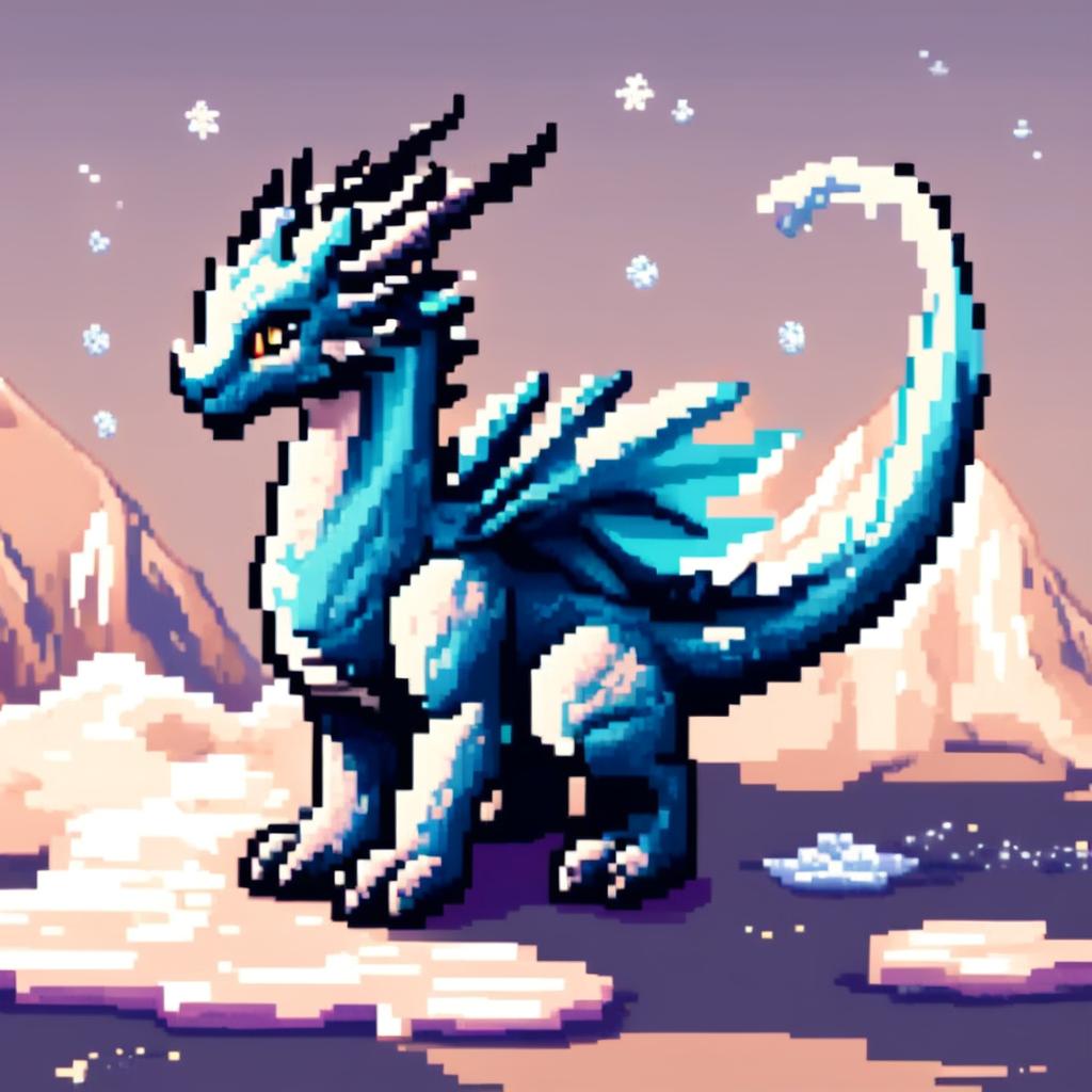 Pixel art profile picture featuring an ice dragon with shimmering blue scales against a frozen tundra background.