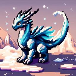 Pixel art profile picture featuring an ice dragon with shimmering blue scales against a frozen tundra background.