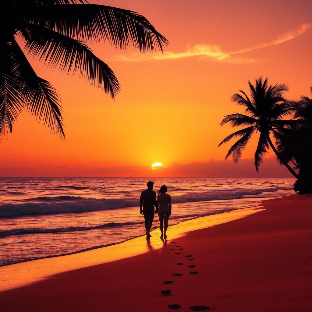 A vibrant sunset scene at a serene beach, with golden sands gently glistening under the warm orange and pink hues of the sky