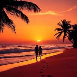 A vibrant sunset scene at a serene beach, with golden sands gently glistening under the warm orange and pink hues of the sky